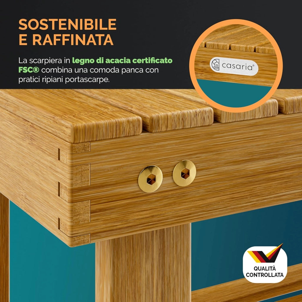 ® Scarpiera con Seduta in Legno Capacità 160 kg Certificata FSC® Acacia 3 livelli Panca Bagno Corridoio Marrone