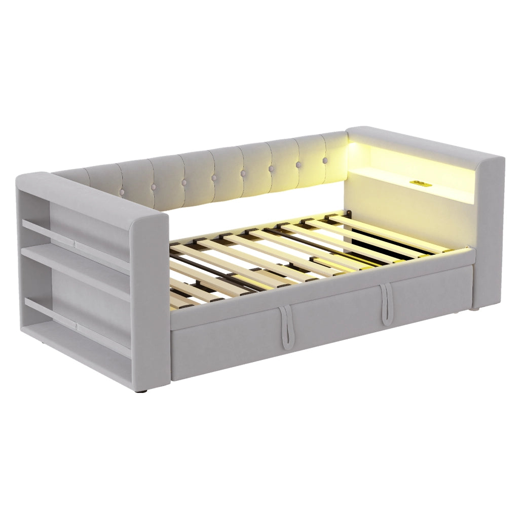 Letto multifunzionale trasformabile grigio chiaro con LED, presa e contenitore