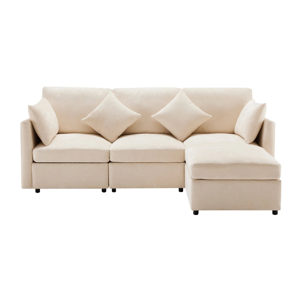 Divano modulare 3 posti con pouf mobile e 4 cuscini in ciniglia beige