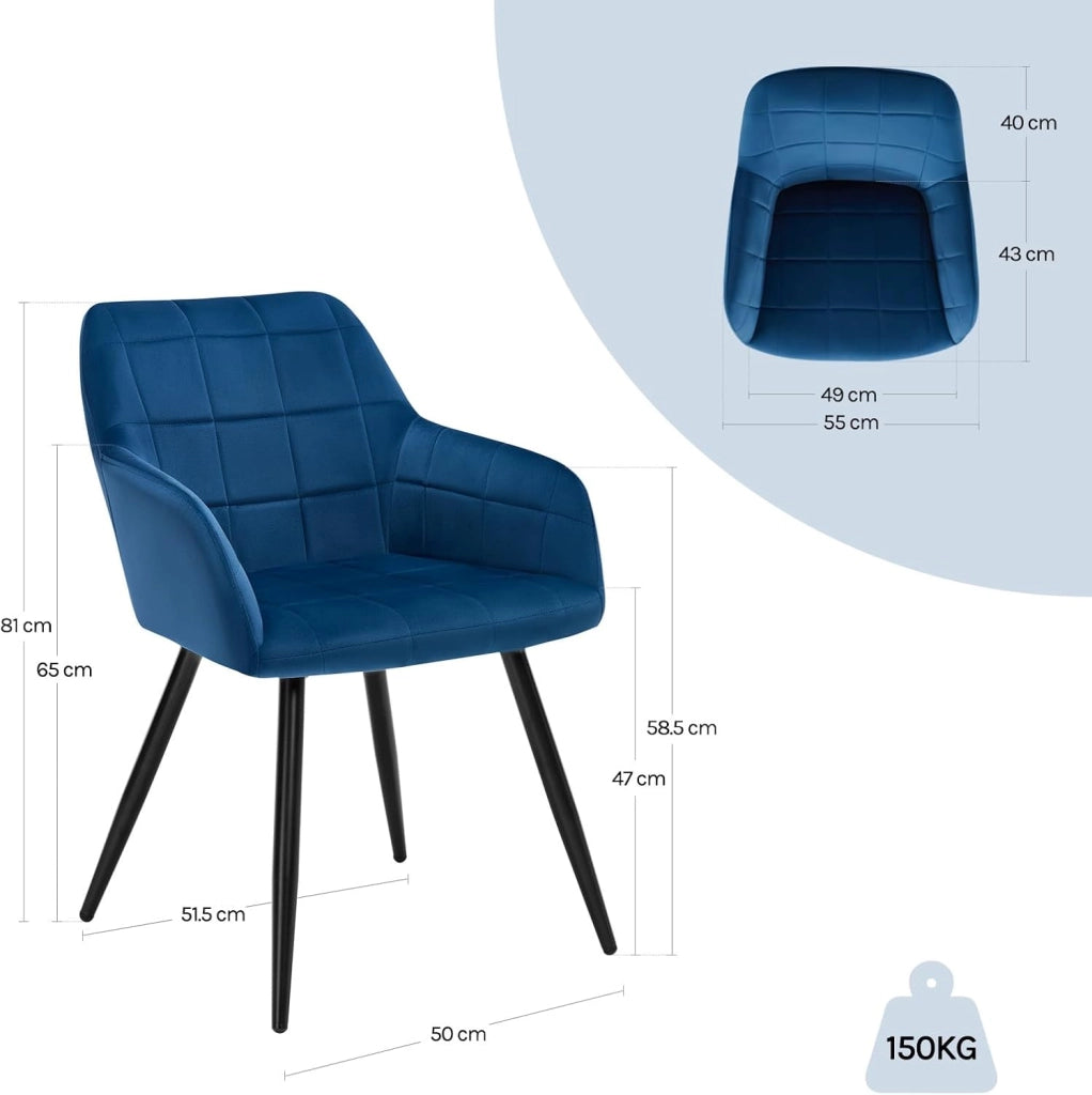 Set di 2 Sedie per Sala da Pranzo Imbottita, Poltroncina in Velluto,Sedia da Cucina con Braccioli e Schienale, Gambe in Metallo, moderne,Blu, BH93bl-2