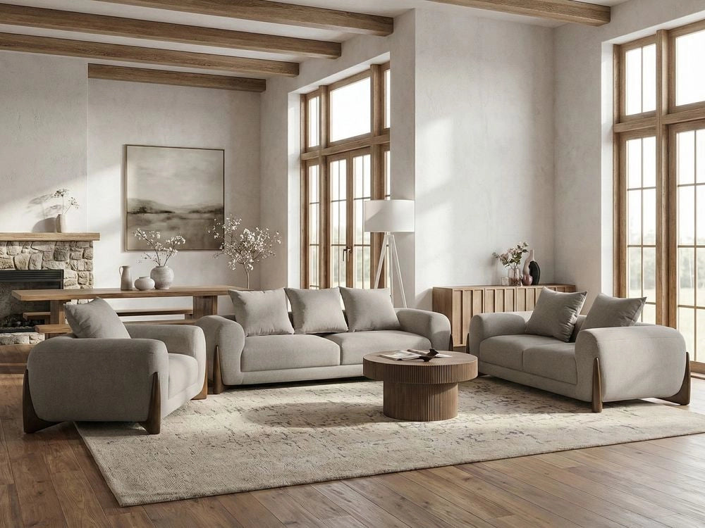Set divano 6 posti rivestito in tessuto tortora con gambe in legno e braccioli divanetto per soggiorno in stile moderno