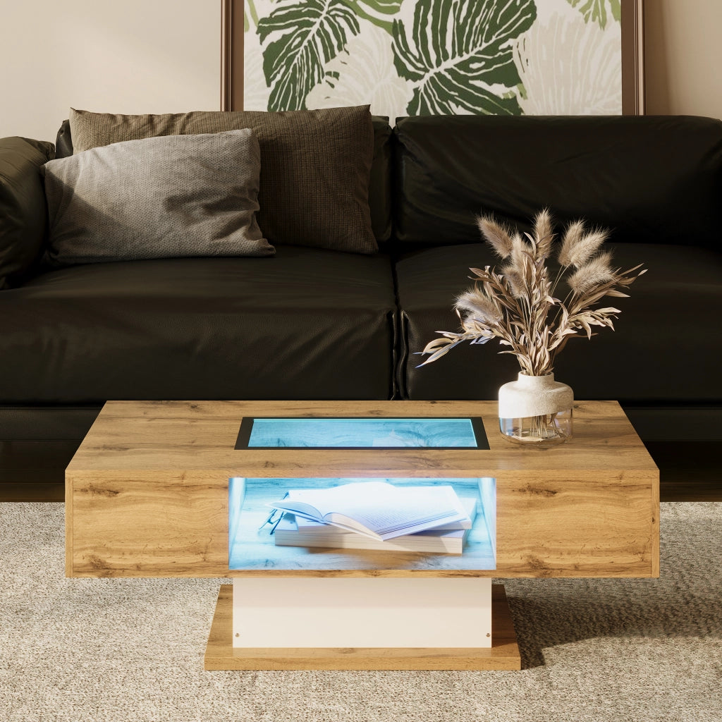 Tavolino da Caffè con 2 Cassetti e LED Regolabile; Piano in Vetro; Stile Moderno; in Pannello di Particelle; 110;2×60×39;7 cm; Naturale