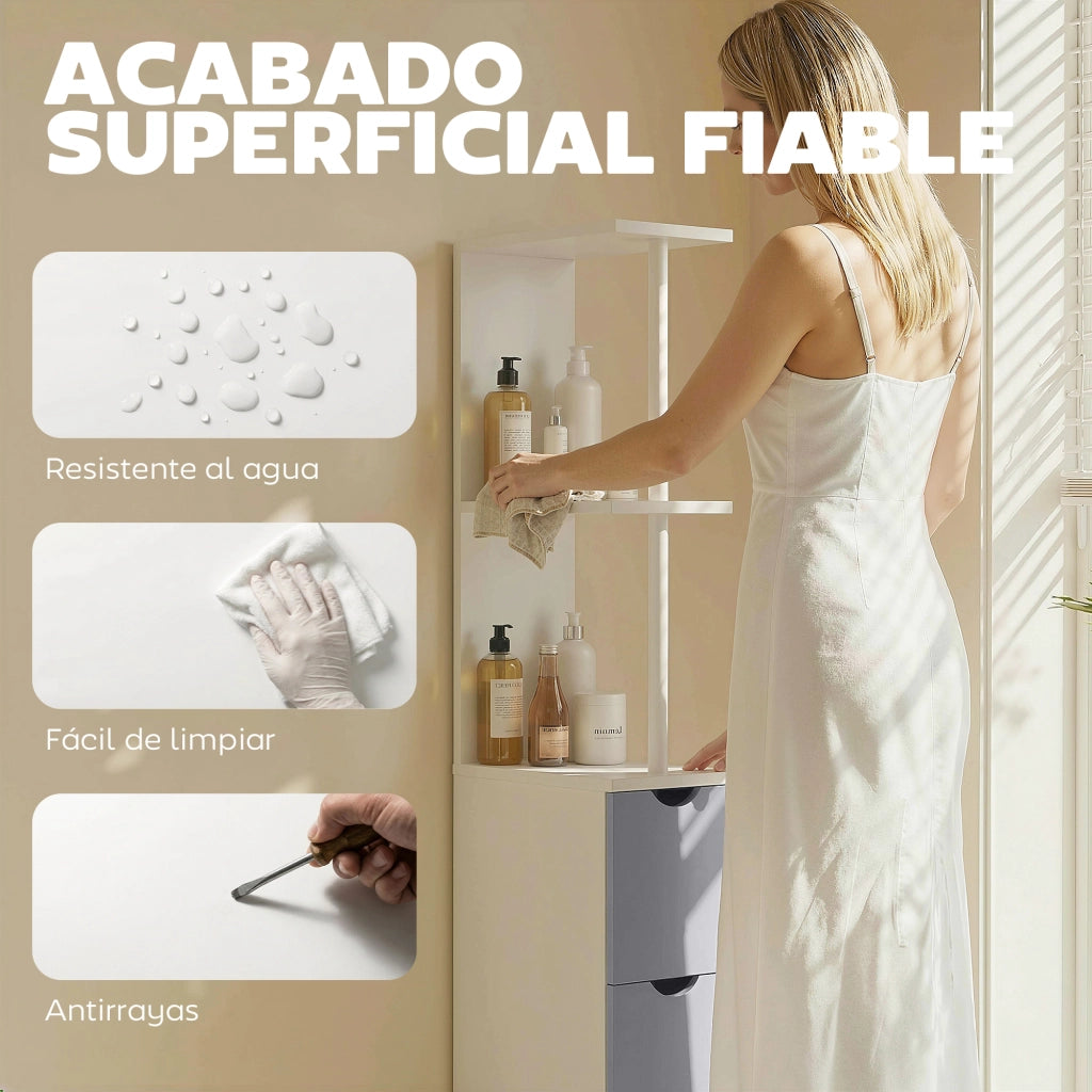 Colonna Bagno Moderna con 2 Ripiani 2 Cassetti e Anta ¨C zephmum ¨C Bianco 15x33x136,8 cm