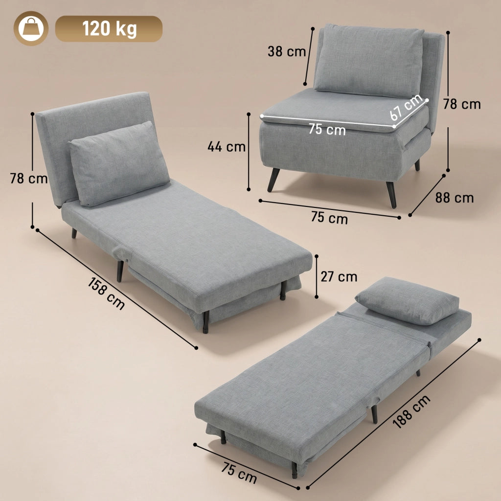 Poltrona Letto 75x88x78 cm con Schienale Regolabile e Cuscino in Tessuto Effetto Lino Grigio Chiaro