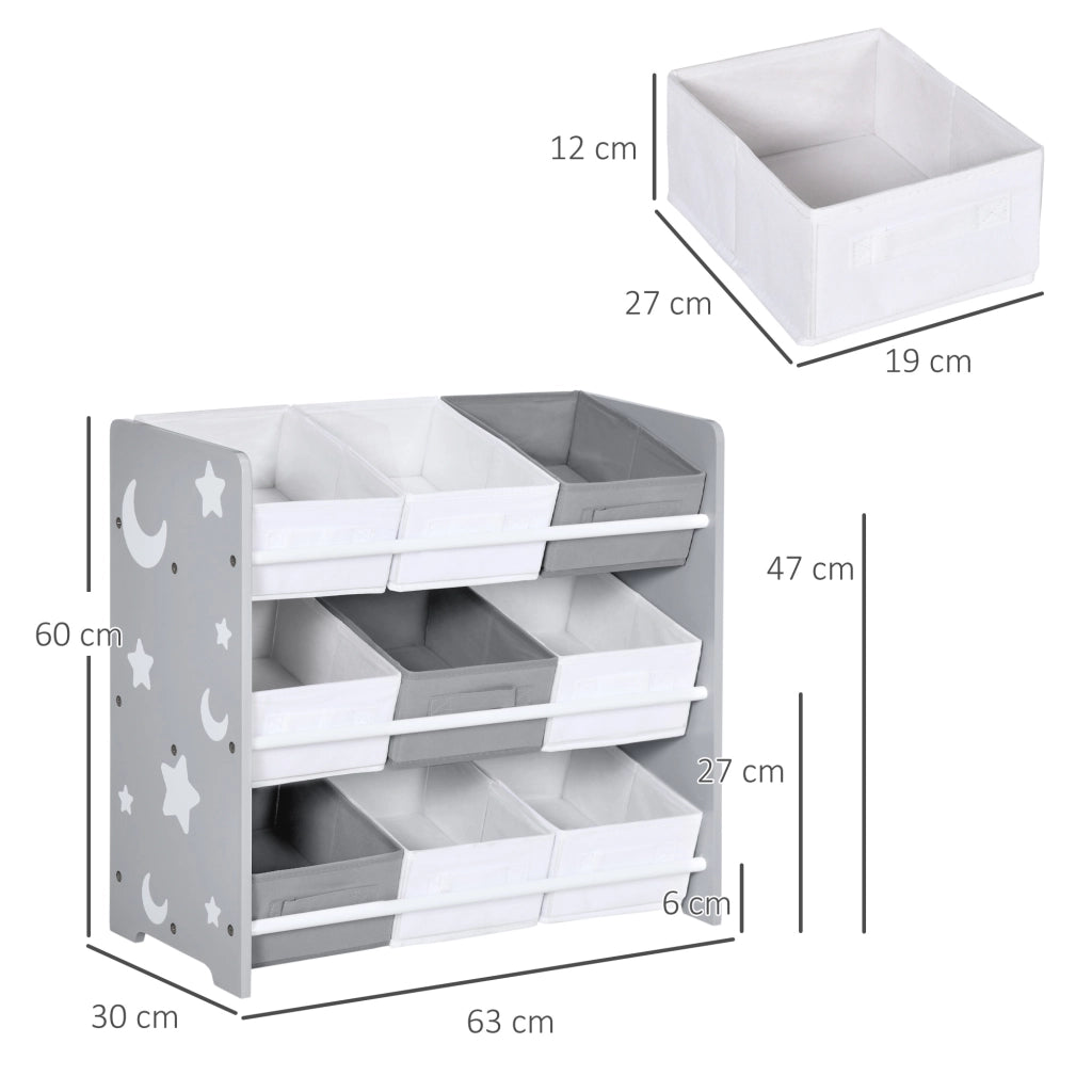 Mobiletto Portagiochi con 9 Cestini Rimovibili in MDF e Tessuto, 63x30x60cm, Grigio e Bianco