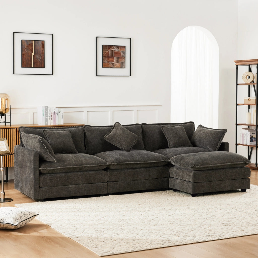 Divano angolare 3 posti con pouf mobile e cuscini lombari in chenille grigio scuro