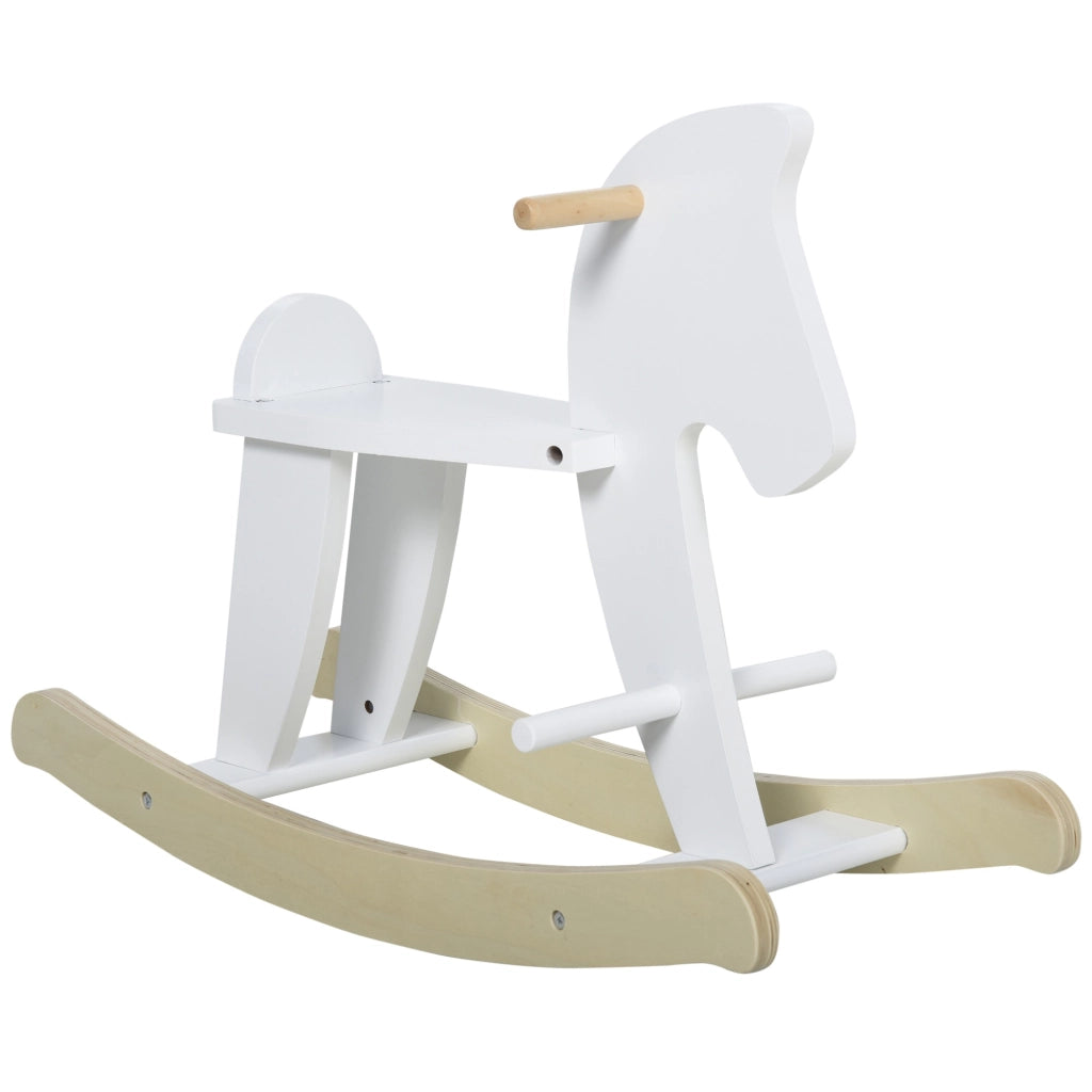 EasyComfort Cavallo a Dondolo Bambini da 1-3 Anni in Legno con Maniglie e Poggiapiedi, 68x26.5x48 cm, Bianco