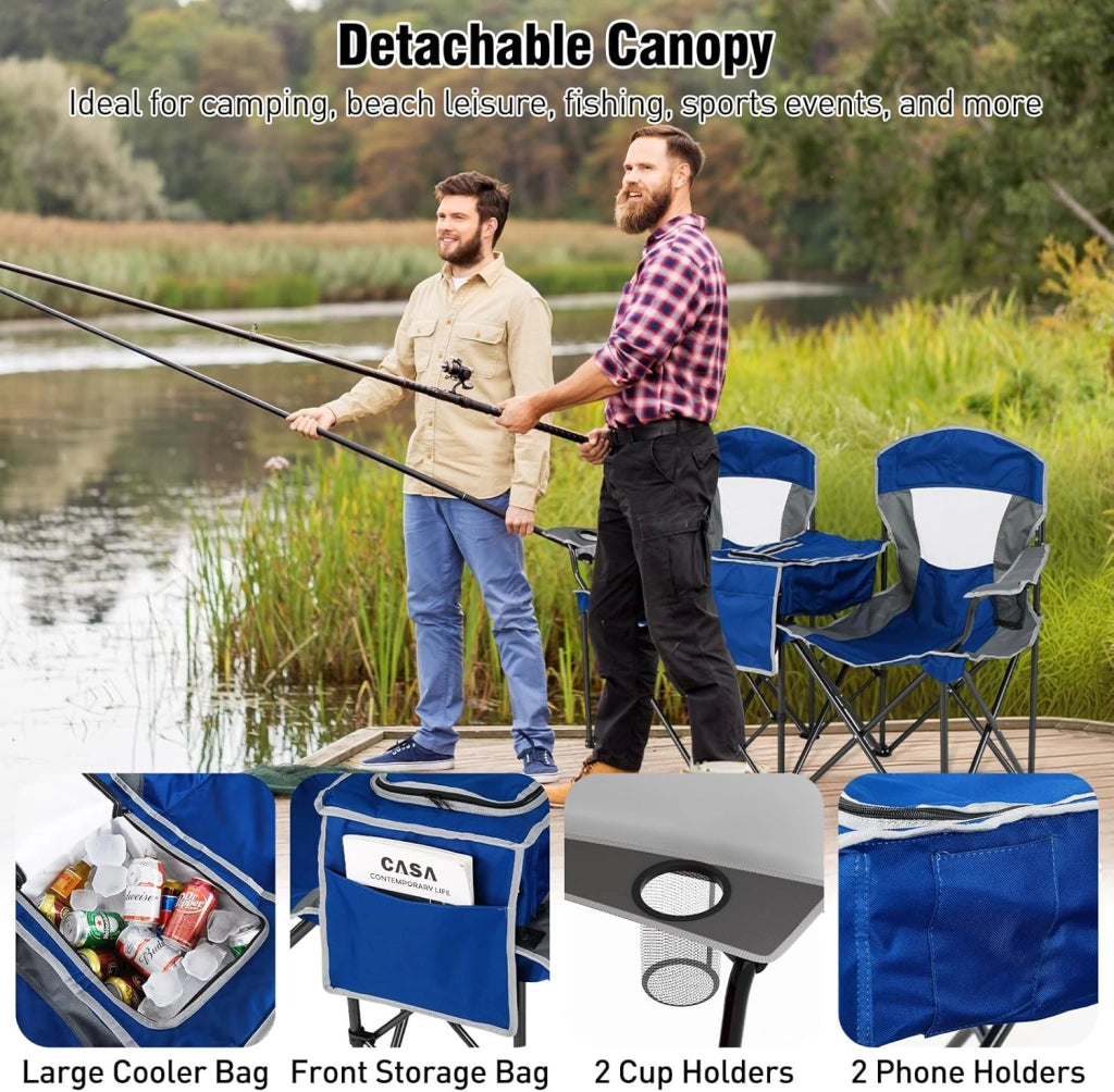 Set di 2 sedie da campeggio pieghevoli con tettuccio parasole, mini tavolo, borsa termica e porta bevande, sedia pieghevole per 2 persone, modello 2 blu scuro