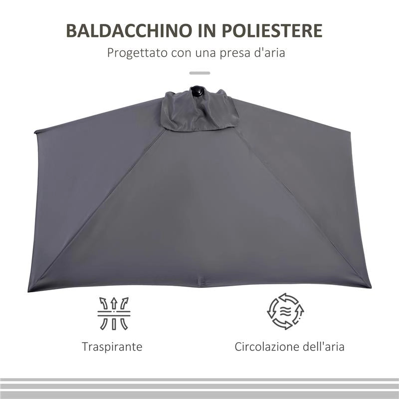 OMBRELLONE DA PARETE MEZZALUNA SALVASPAZIO CON APERTURA A MANOVELLA, GRIGIO