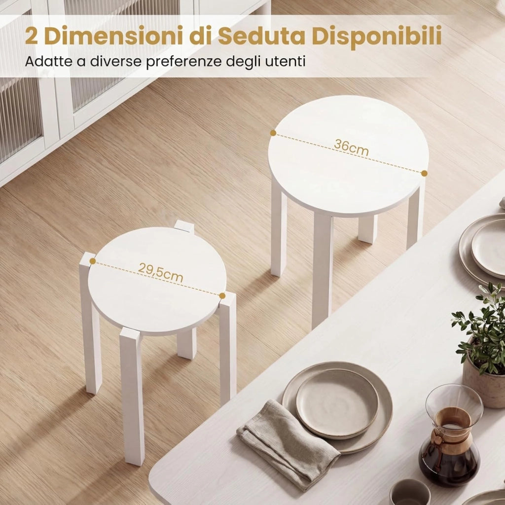Set di 4 Sgabelli Impilabili 4 in 1, Sgabelli in Legno con Portavaso con Rotelle, 2 Grandi Ø36 cm e 2 Piccoli Ø35 cm, Tavolino Laterale Rotondo per Soggiorno e Camera da Letto (Bianco)