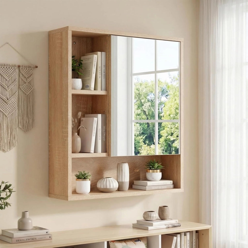 Mobile Bagno con Specchio da Parete, Specchiera Salvaspazio in Legno con Ripiano Regolabile e Scomparti Aperti, Armadietto Pensile per Bagno, Soggiorno e Cucina, 55 x 16,5 x 61 cm (Naturale)