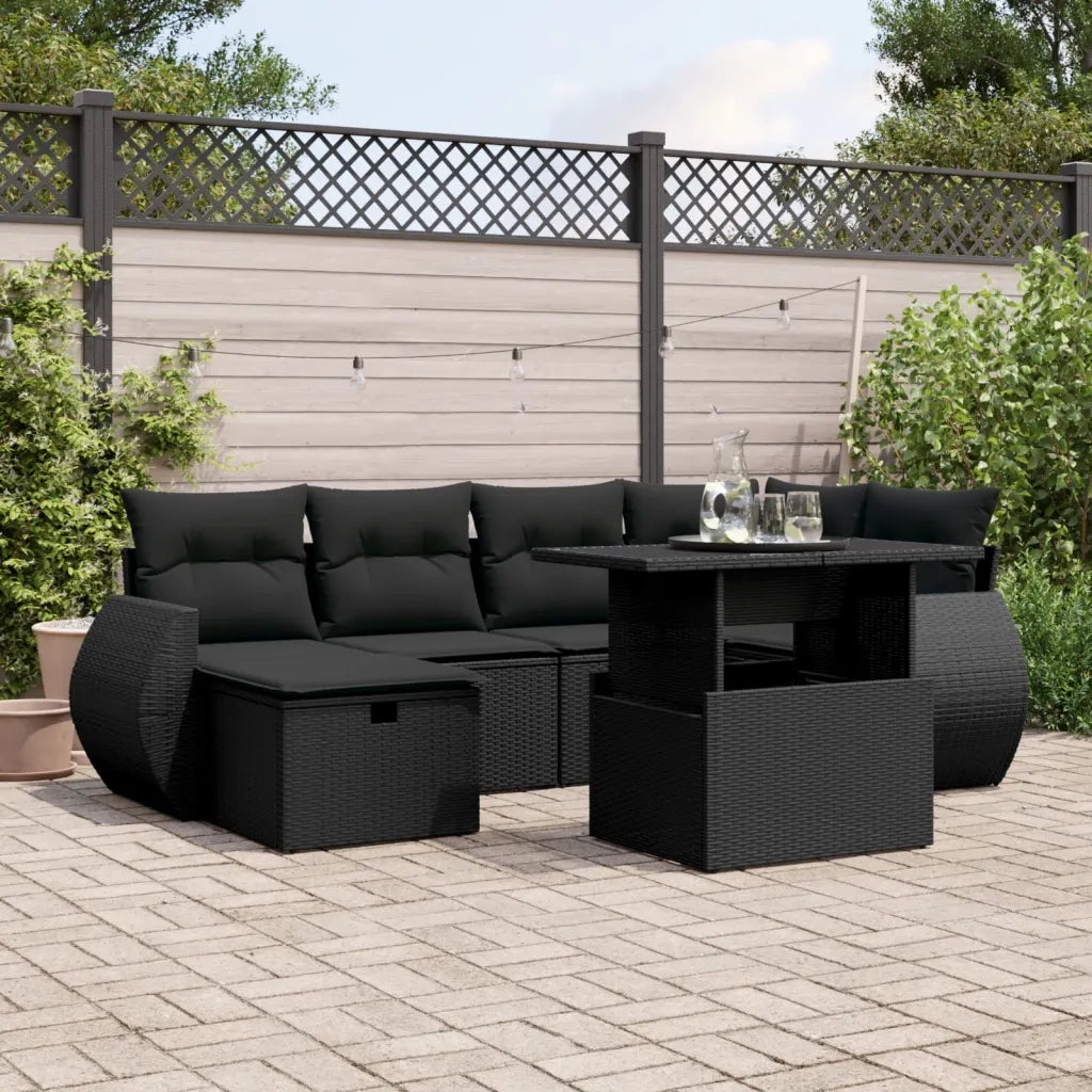 Set Divani da Giardino con Cuscini 7pz Nero Polyrattan