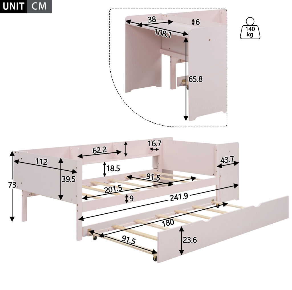 Letto per bambini 90x200 con letto estraibile, scrivania e scaffali laterali, rosa
