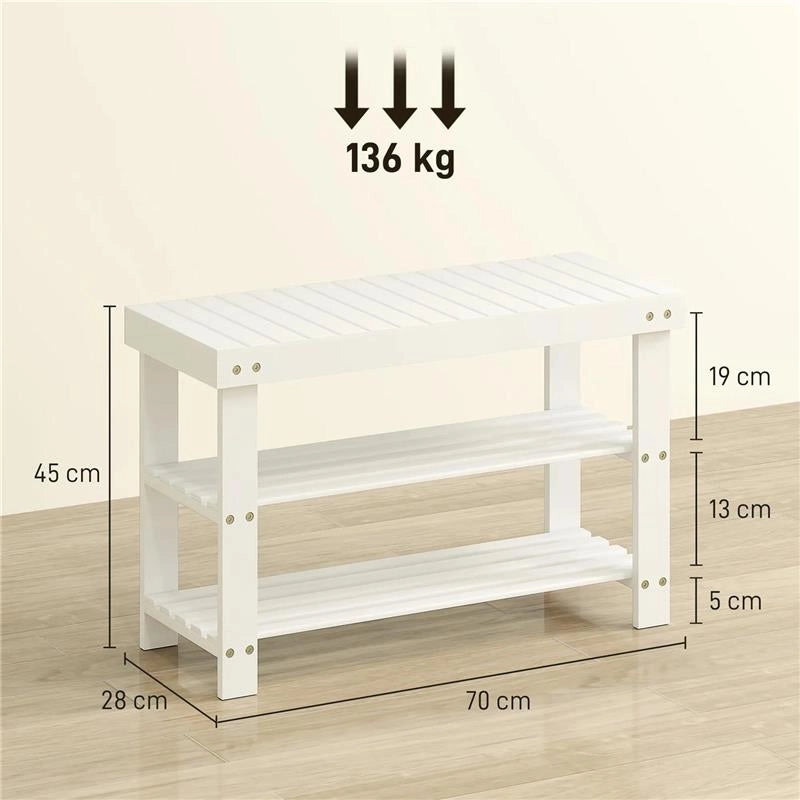 PANCA SCARPIERA BASSA IN BAMBÙ CON 2 RIPIANI A DOGHE E SEDUTA, 70X28X45 CM, BIANCO