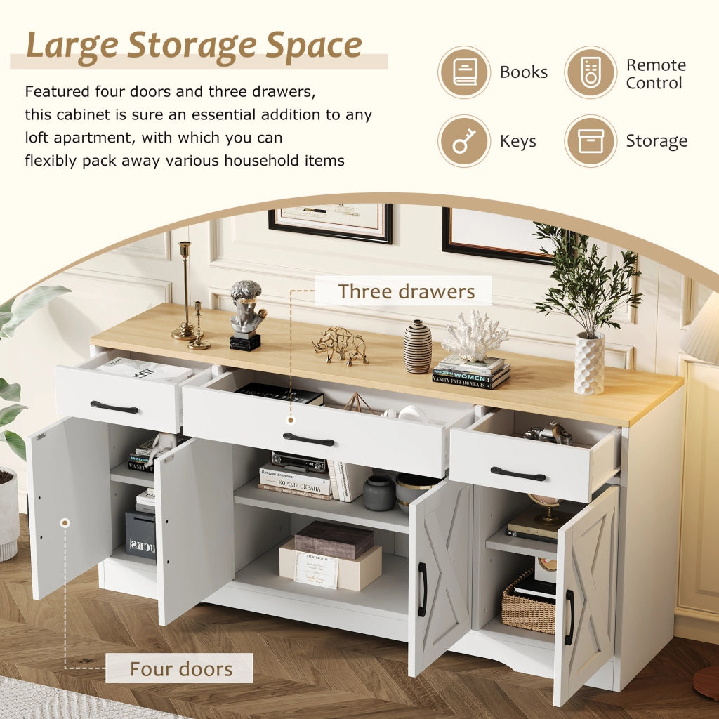 Credenza e madia con 3 cassetti e 4 ante in MDF, stile industriale, per soggiorno e ingresso, bianco 160 × 37 × 75 cm