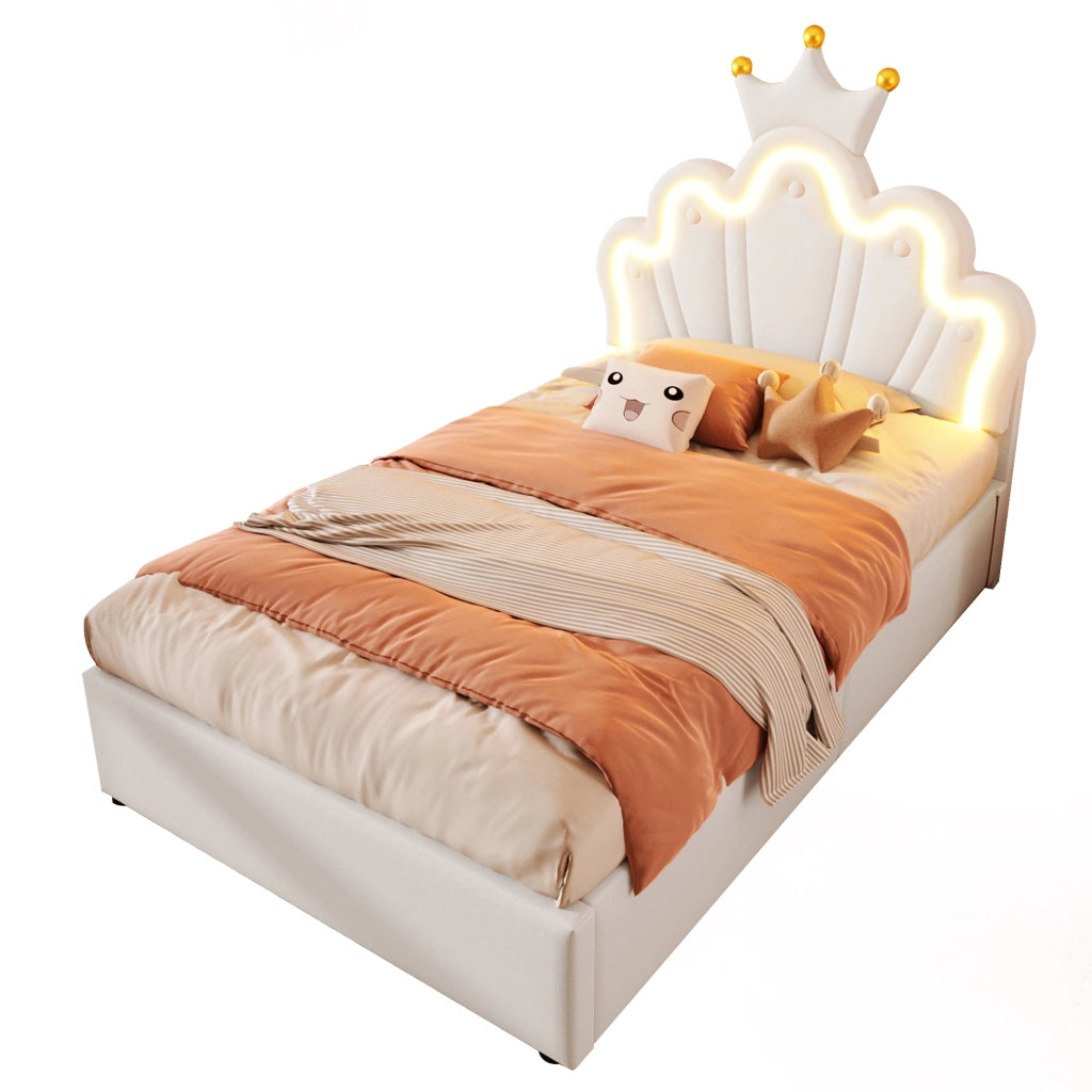 OKWISH Letto Contenitore 90×200 cm, Letto Singolo con LED Multicolore, Testiera Regolabile e Apertura Idraulica, senza Materasso, PU Bianco