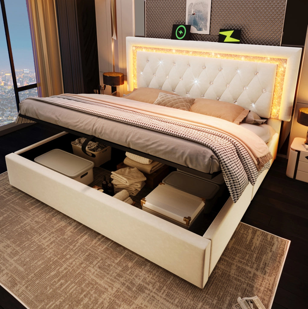 Letto imbottito 140x200 cm beige in velluto con LED, USB-C e contenitore