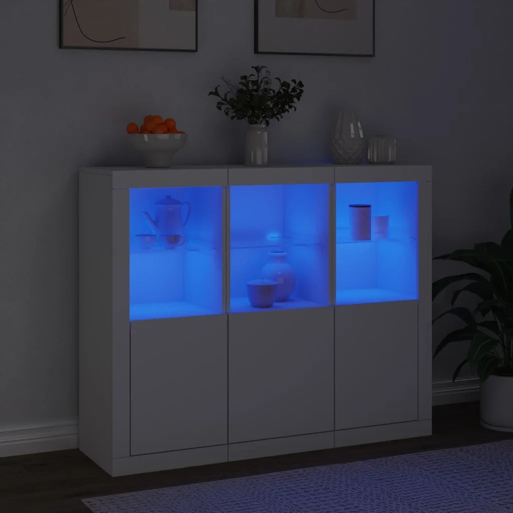 Credenze con Luci LED 3 pz | Madia | Buffet da pranzo | Armadio da pranzo Bianche in Legno Multistrato
