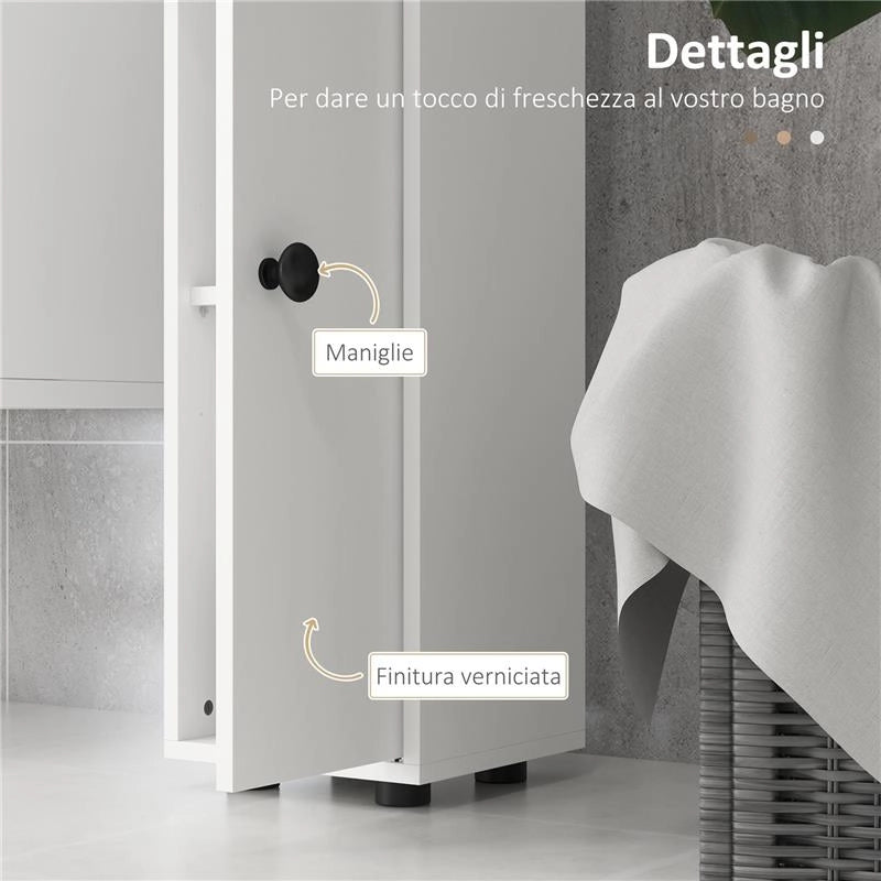 MOBILE COLONNA BAGNO CON CASSETTO, 2 ARMADIETTI E 4 RIPIANI APERTI, IN LEGNO, 20X20X180 CM, BIANCO