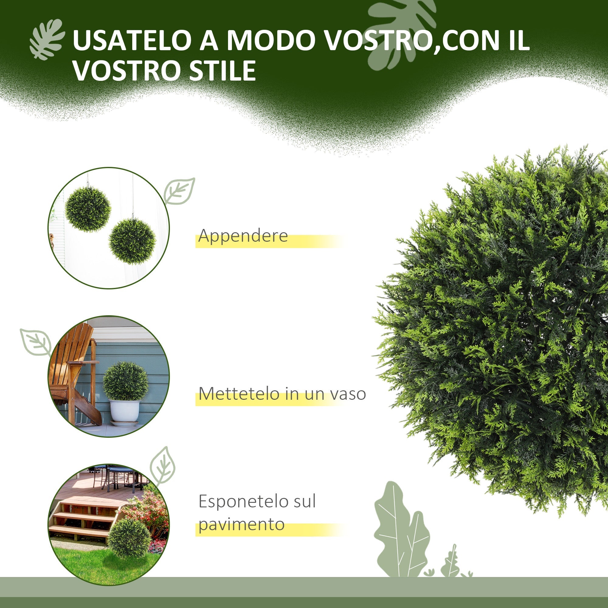 Set di 2 Piante Artificiali a Sfera Ø45 cm con Foglie di Cedro per Casa e Giardino Verde