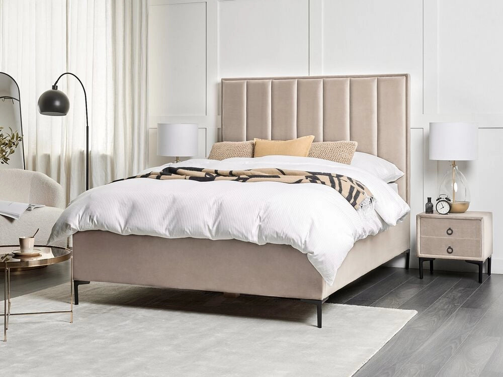Set camera da letto in velluto grigio tortora matrimoniale 140 x 200 cm letto con contenitore 2 comodini imbottiti