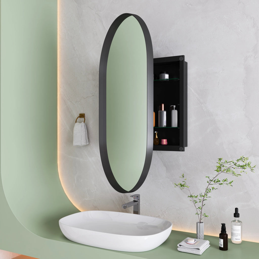 ARMADIO SPECCHIO OVALE NERO IN METALLO PER BAGNO, MONTAGGIO A PARETE O INCASSO