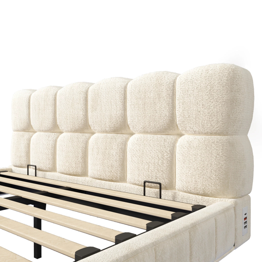 Letto imbottito 140x190 cm con contenitore idraulico, LED, USB e Type-C beige
