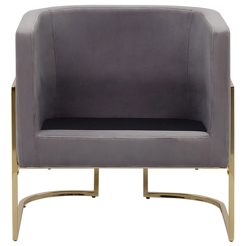 Poltrona Velluto Grigio Struttura In Metallo Dorato Con Schienale Tondo Stile Glam