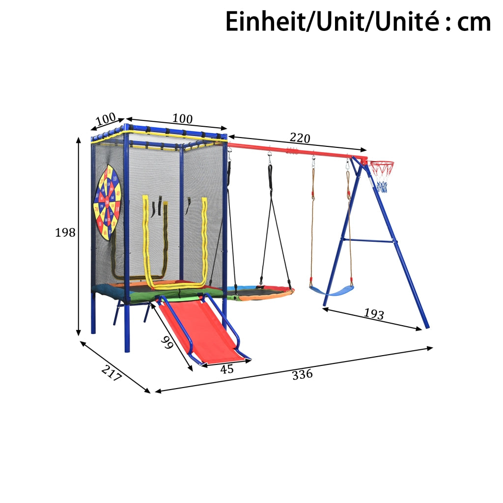 Area giochi con trampolino rete sicurezza scivolo doppia altalena e canestro in ferro multicolore 336 × 217 × 198 cm