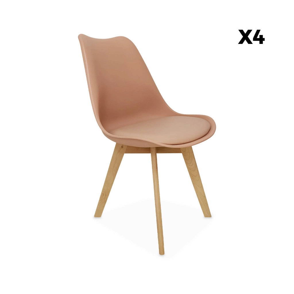 Set 4 sedie scandinave imbottite con gambe in legno , rosa antico