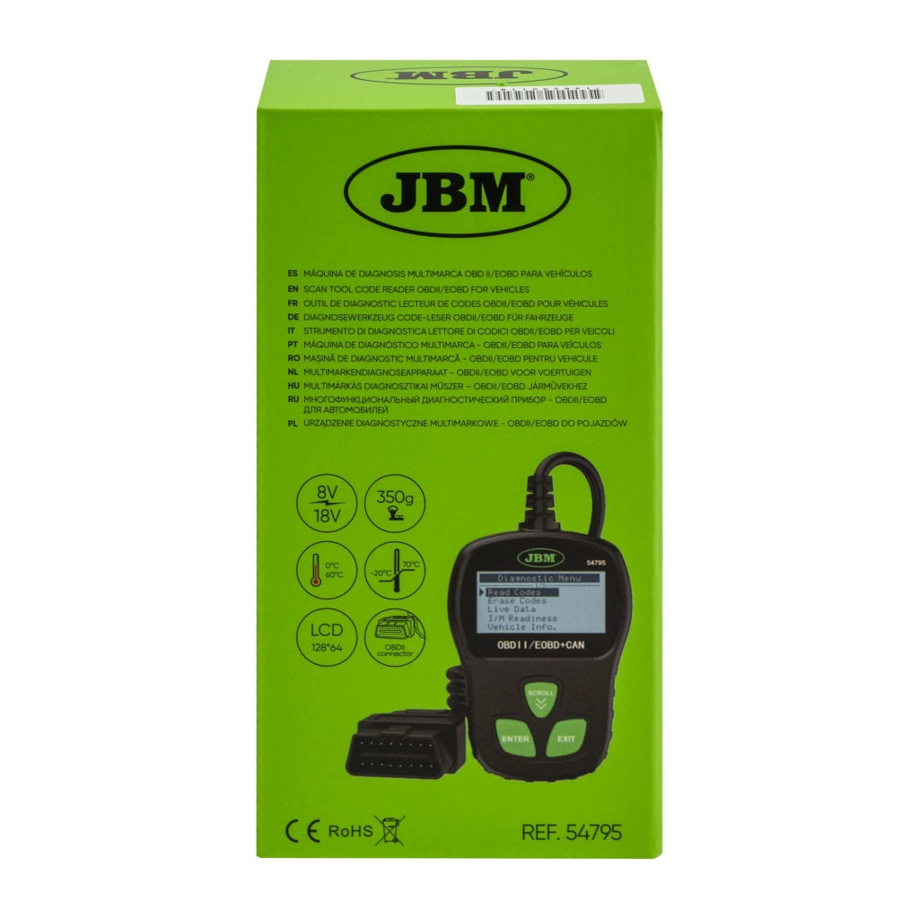 JBM 54795 Lettore Diagnostico OBDII EOBD per Auto Scanner Multimarca CAN con Lettura e Cancellazione Codici Errore Motore Live Data