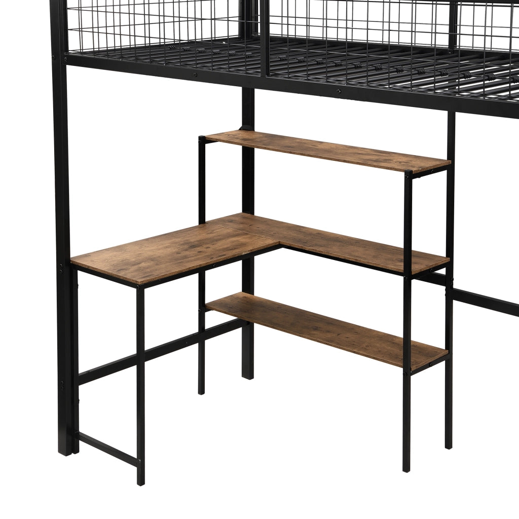 Letto a Soppalco Singolo con Scrivania; Scaffali e Armadio 90 × 200 cm; senza Materasso; Metallo e MDF