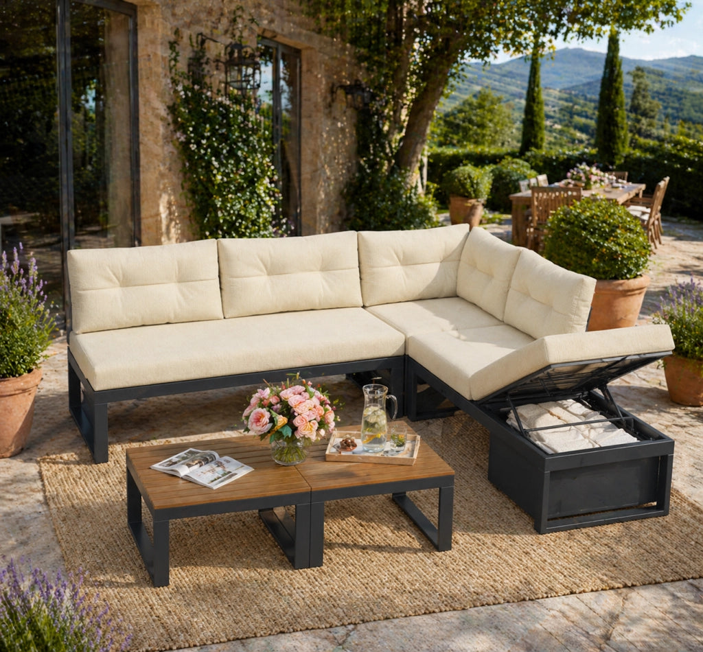 Set divano da giardino modulare 191.5x191.5x79 cm con contenitore; beige