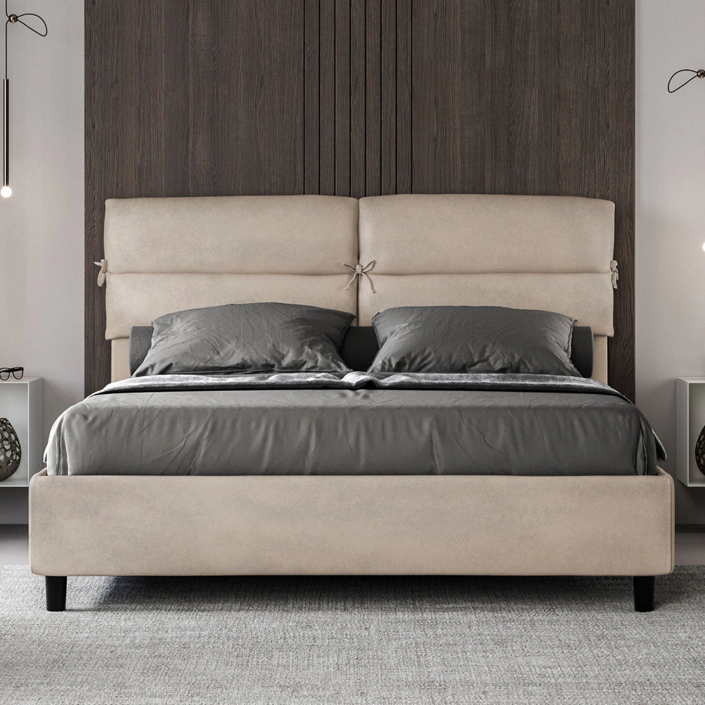 BS COM Letto matrimoniale con rete imbottito 160x210 microfibra sabbia
