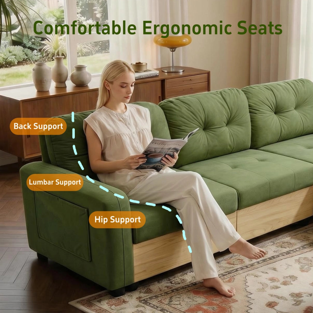 Divano angolare modulare a L con chaise longue estraibile, spazio contenitore e porte USB, in velluto verde per soggiorno