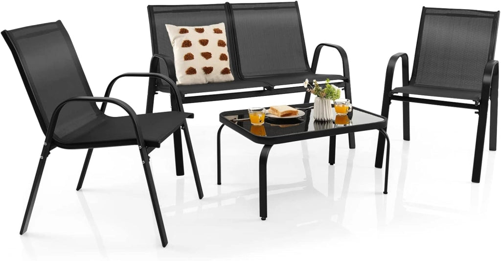 Set di 4 mobili da giardino per 4 persone, set da giardino con 2 sedie e 1 panca e 1 tavolino da caffè, set di mobili da terrazza per balcone, cortile, piscina