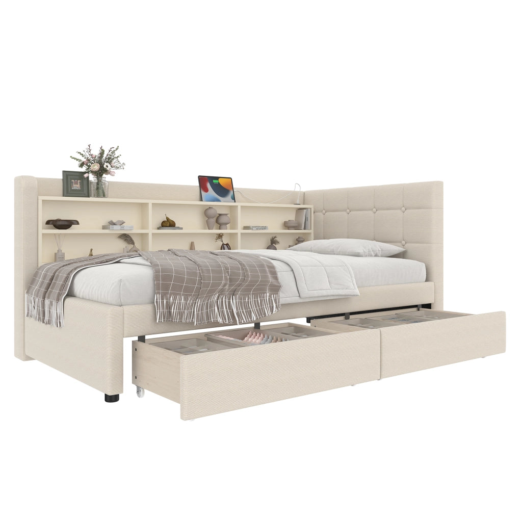 OKWISH Letto Divano 90×200 cm, Letto Singolo con 2 Cassetti, USB, Tipo C e Mensole, senza Materasso, in Lino, Beige