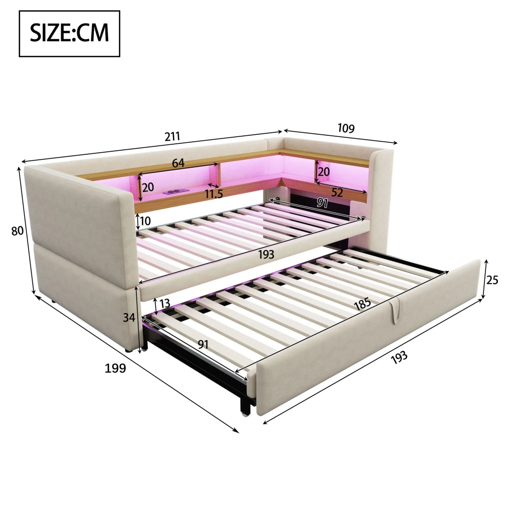 Divano letto imbottito convertibile con scomparti portaoggetti; LED e prese; 90/180 x 190 cm; beige