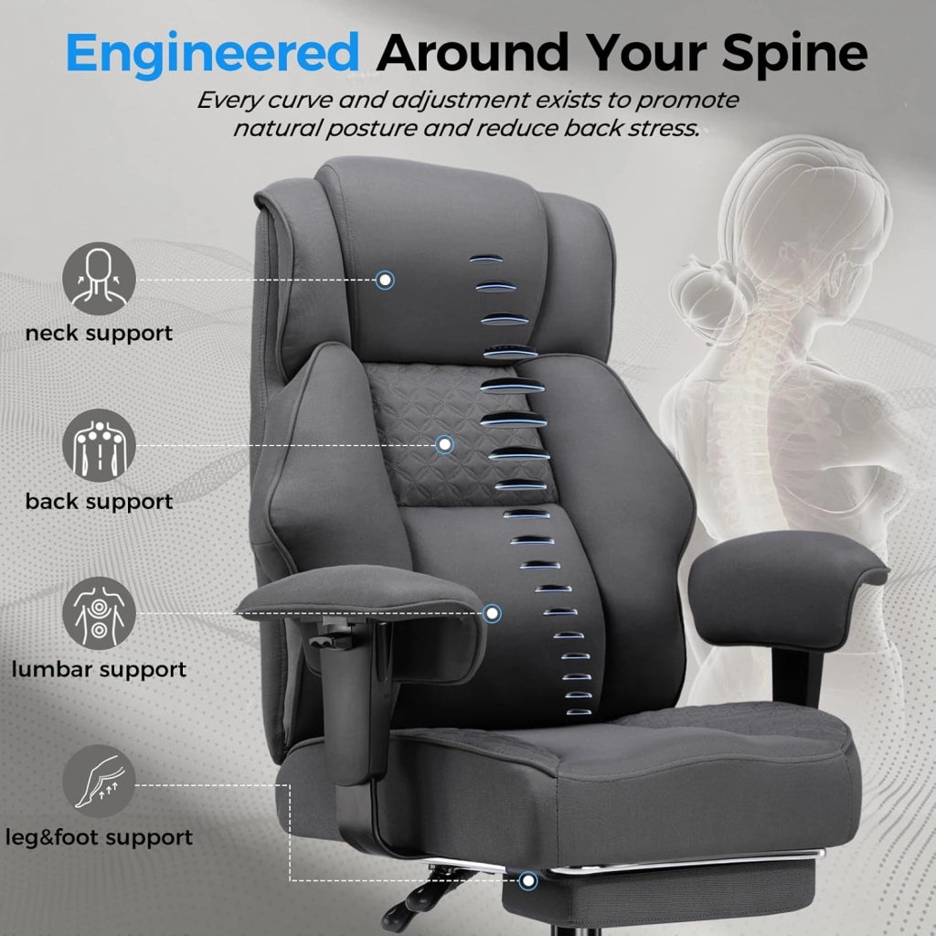 Sedia da gaming, ampia sedia da ufficio in tessuto di alta qualità, ergonomica, sedia da scrivania regolabile e girevole con poggiapiedi, 180 kg, grigio