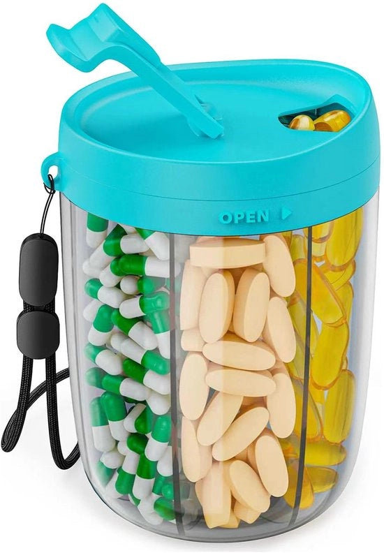 Cassetta di stoccaggio grande blu per flaconi di supplementi di vitamine, capiente 6 diverse vitamine, progettata per prevenire l'evasione del contenuto e con apertura ampia per un facile caricamento dei medicinali.