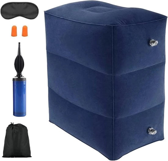 Supporto per Piedi Inflato per Viaggi - 3 Strati di Supporto per Piedi per Aereo con Altezza Regolabile e Occhiali da Notte - Supporto per Piedi Portatile per Auto, Treno, Bus