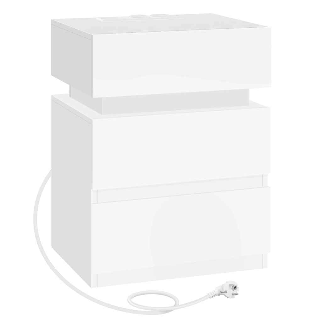 Comodino bianco con LED regolabile; 2 prese e 2 USB; 40 x 35 x 55 cm