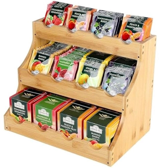 Organizzatore per tazze da tè in verticale con 12 contenitori regolabili in bambù - cassetto per tazze da tè in legno di 3 piani per l'archiviazione di tazze da tè, caffè, zucchero e cucchiai.