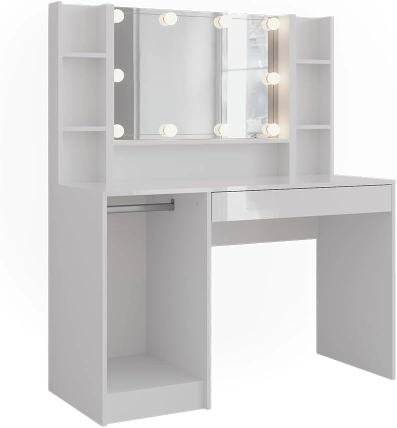 Tavolo da toeletta Sherry, Bianco/bianco lucido, 119.8 cm 4 parti, con illuminazione LED e grande specchio integrato
