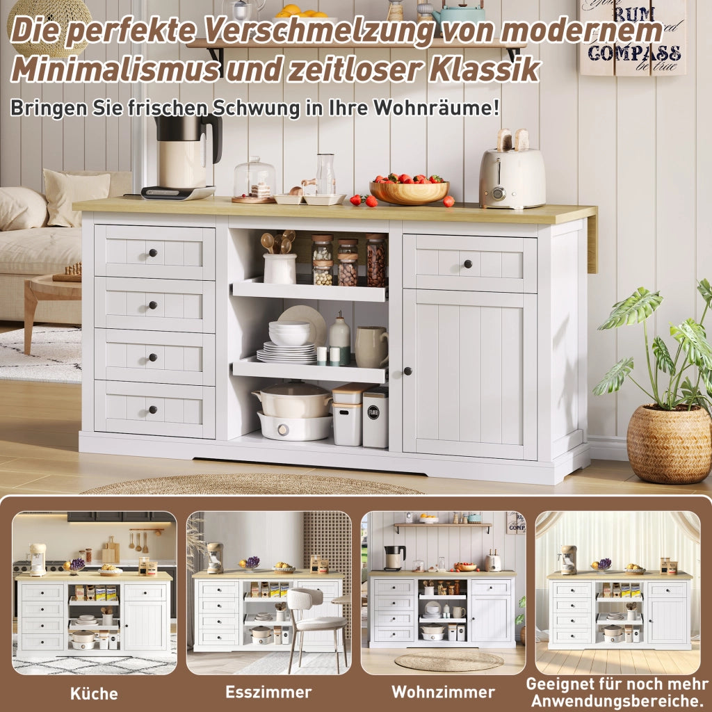 ISOLA DA CUCINA 150x65x75,5 cm Bianca/Naturale in MDF con 5 cassetti