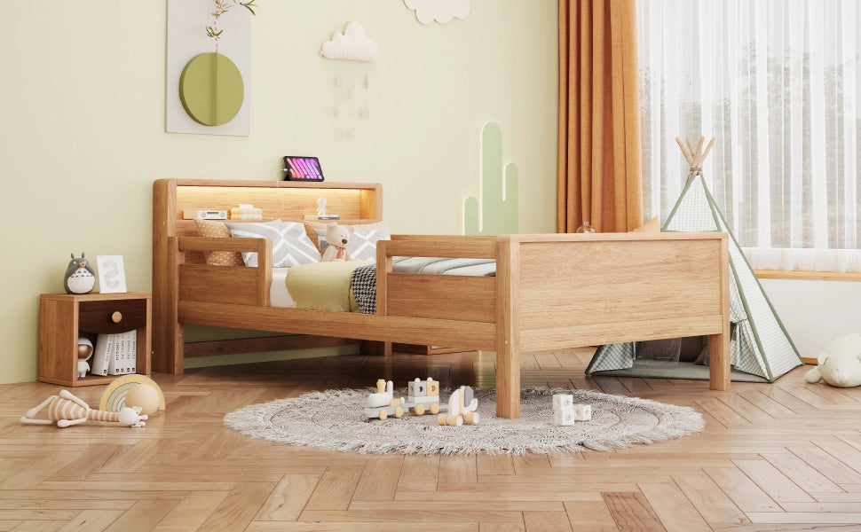 Letto per bambini 90 × 200 cm con LED, USB e Type-C, testiera con ripiano, sponde di sicurezza, senza materasso