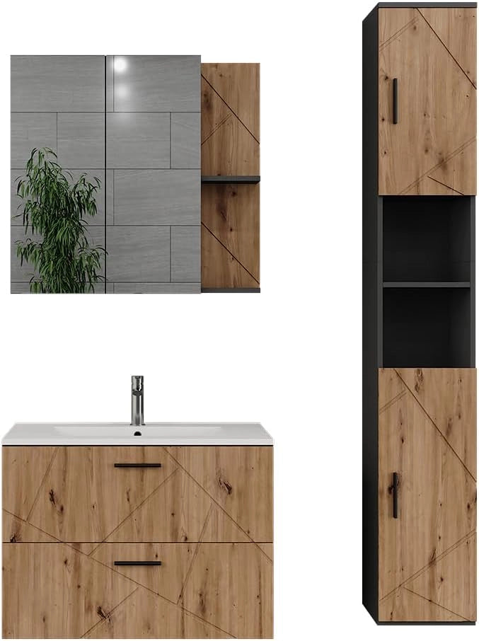Set di mobili da bagno Irma, Bianco/bianco lucido, 80 cm, composto da mobile sottolavabo con lavabo, armadio alto e specchio da bagno