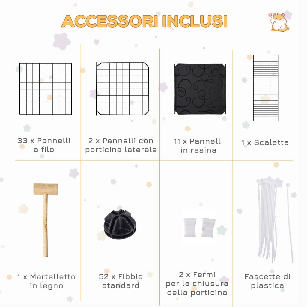 Gabbia per Conigli Modulabile 175x105x70 cm in Metallo Nero