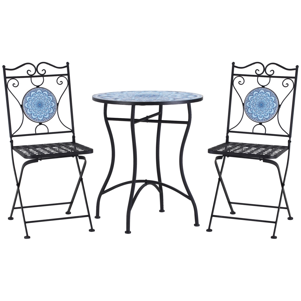 EasyComfort Set da Giardino 3 Pezzi, Tavolino e 2 Sedie Pieghevoli con Mosaico, Blu