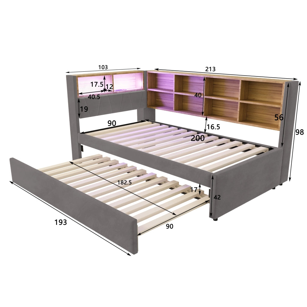 OKWISH Letto Divano 90×200 cm, Letto Singolo con Letto Estraibile 90×190 cm, LED, USB e Tipo C, senza Materasso, Flanella, Grigio Scuro